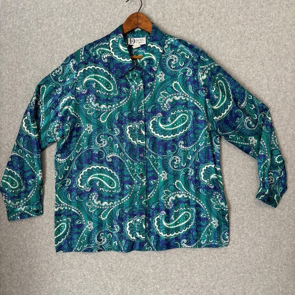 Vintage 80s Da-Rue Blue Teal Paisley Striped Women's Button Down Blouse Sz 18 XL - Picture 1 of 8